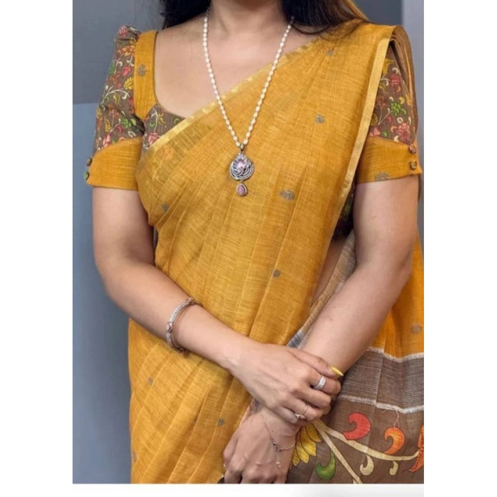 Generic Women's Linen Printed Saree With Unstitched Blouse 5.5Mtr (Mustard)