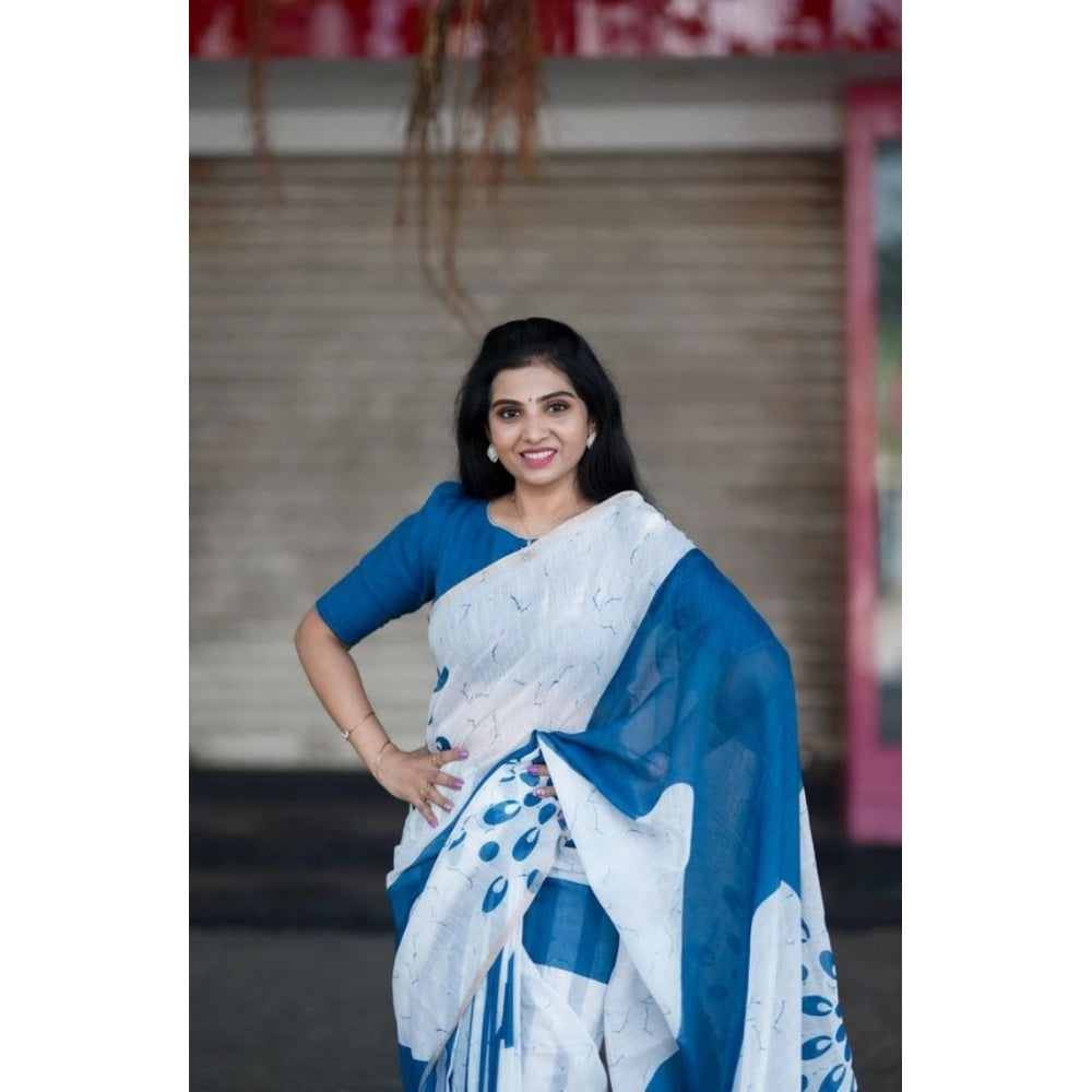 Generic Women's Linen Printed Saree With Unstitched Blouse 5.5Mtr (White)