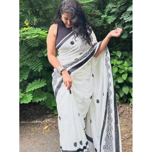 Generic Women's Linen Printed Saree With Unstitched Blouse 5.5Mtr (White)
