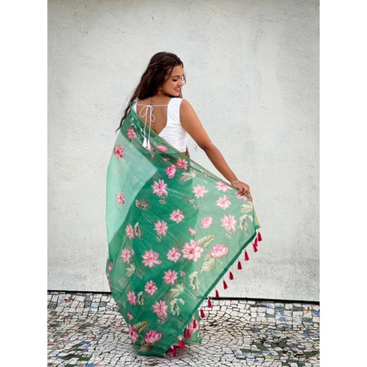 Generic Women's Linen Printed Saree With Unstitched Blouse 5.5Mtr (Green)