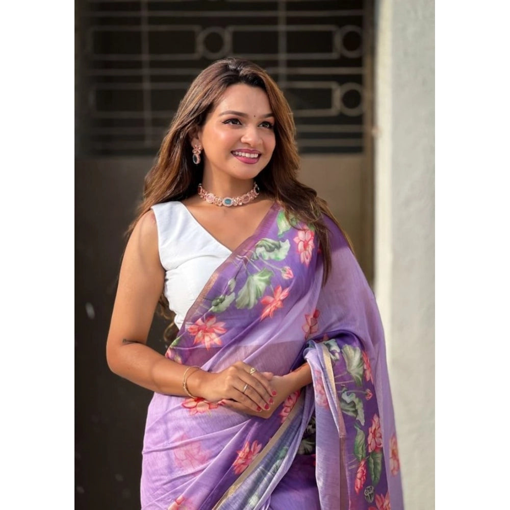 Generic Women's Linen Printed Saree With Unstitched Blouse 5.5Mtr (Purple)