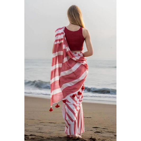 Generic Women's Linen Printed Saree With Unstitched Blouse 5.5Mtr (Red)