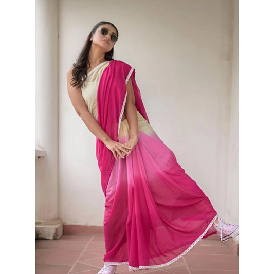 Generic Women's Linen Printed Saree With Unstitched Blouse 5.5Mtr (Pink)