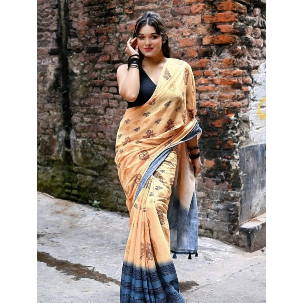 Generic Women's Linen Printed Saree With Unstitched Blouse 5.5Mtr (Peach)