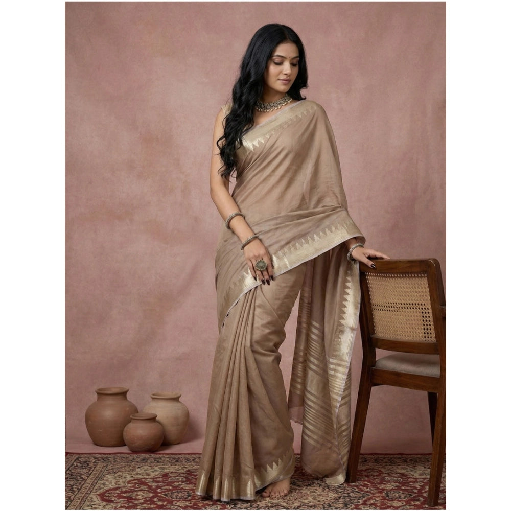 Generic Women's Cotton Printed Saree With Unstitched Blouse 5.5Mtr (Beige)