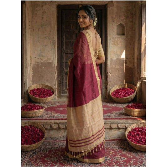 Generic Women's Cotton Printed Saree With Unstitched Blouse 5.5Mtr (Wine)