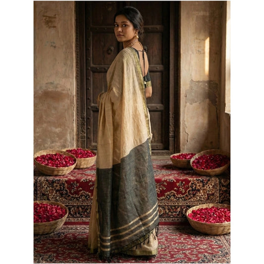Generic Women's Cotton Printed Saree With Unstitched Blouse 5.5Mtr (Beige)