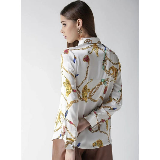 Generic Women's Satin Printed Long Sleeves Shirt (White-Gold)