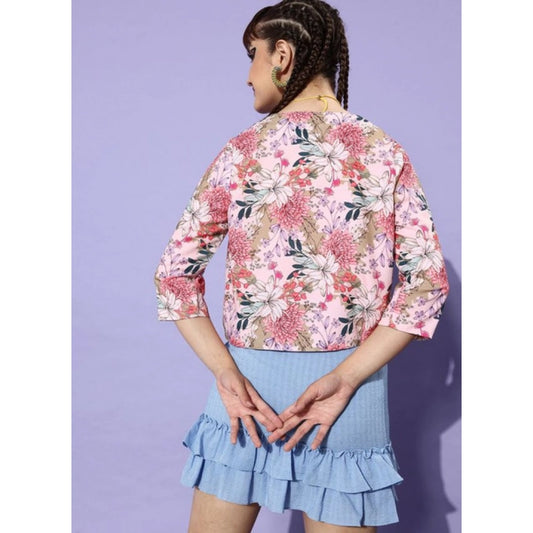 Generic Women's Polyester Floral 3-4th Sleeves Shrug (Peach)