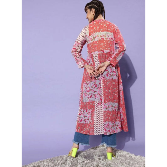 Generic Women's Polyester Floral Long Sleeves Shrug (Pink-Coral)