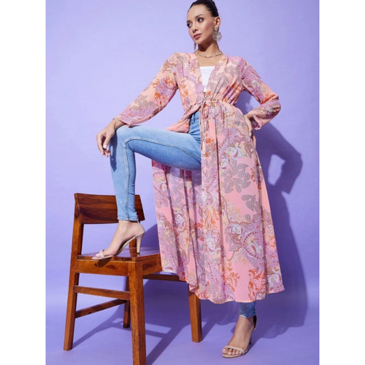 Generic Women's Polyester Floral Long Sleeves Shrug (Peach)