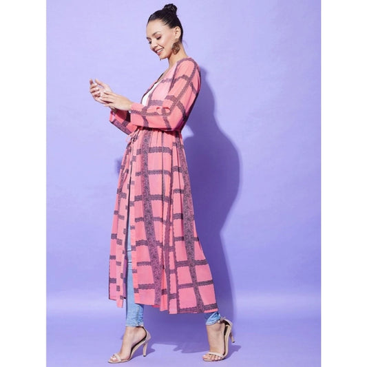 Generic Women's Polyester Check Long Sleeves Shrug (Pink)