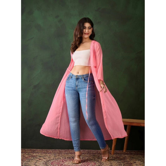 Generic Women's Chiffon Self Design Long Sleeves Shrug (Pink)