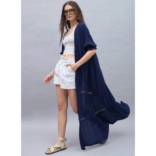 Generic Women's Rayon Crepe Lace Inserts 3-4th Sleeve Shrug (Navy)