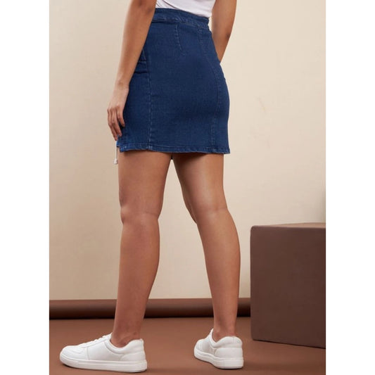 Generic Women's Denim Lycra Solid Button Skirt (Blue)