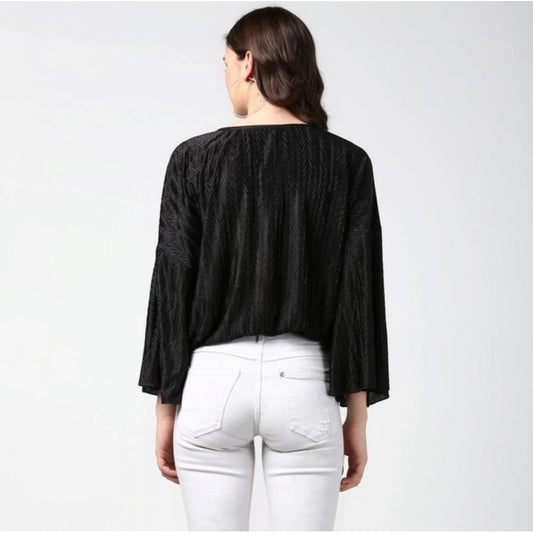 Generic Women's Polyester Pleated Balloon Sleeve Top (Black)