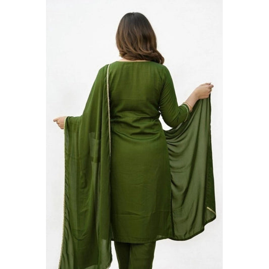 Generic Women's Georgette Ethnic Motif Round 3/4th Sleeve Kurti With Pant Dupatta Set (Mahendi)
