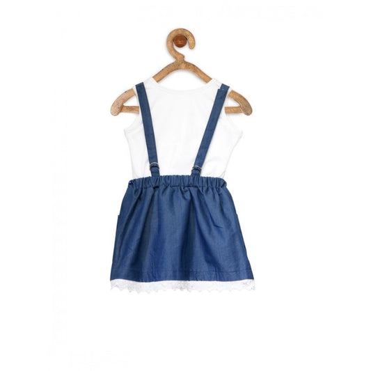 Generic Girl's Denim Embellished Sleeveless Skirt with inner (Dark Blue)
