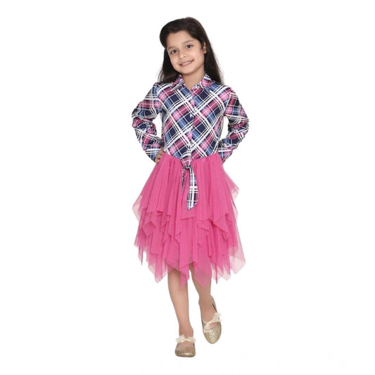 Generic Girl's Polyster Crepe Lace Inserts Long Sleeves Dress (Pink-Blue)