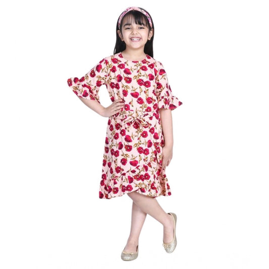 Generic Girl's Polyester Crepe Floral Bell Sleeve Dress (Red-Pink)
