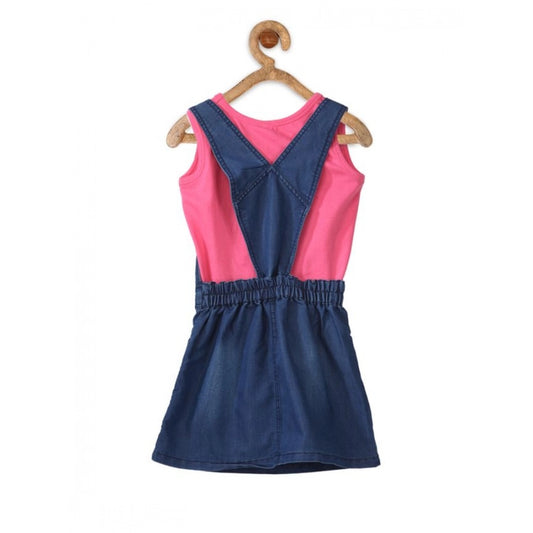 Generic Girl's Denim & Cotton Bow Sleeveless Dungaree (Pink)