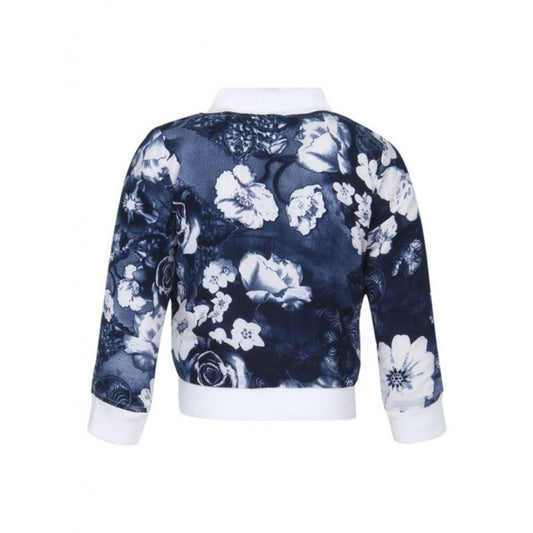 Generic Girl's Polyester Printed Long Sleeves Bomber Jacket (White-Blue)