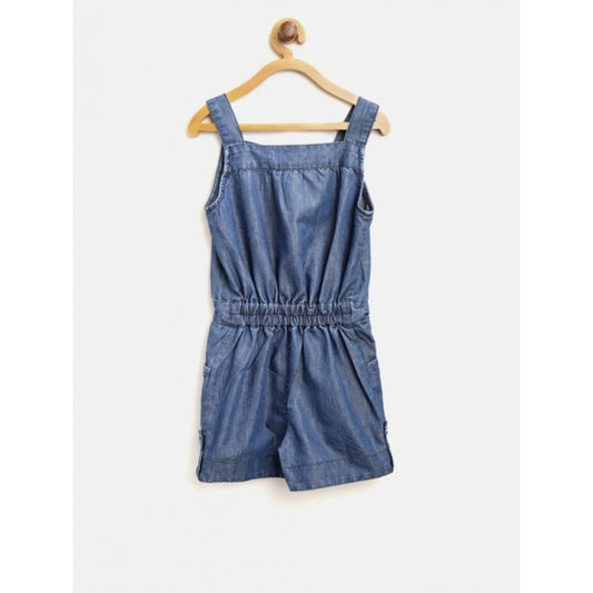 Generic Girl's Denim Embroidered Sleeveless Jumpsuit (Blue)