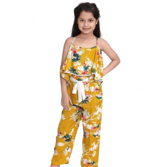Generic Girl's Rayon Floral Shoulder Straps Jumpsuit (Mustard)