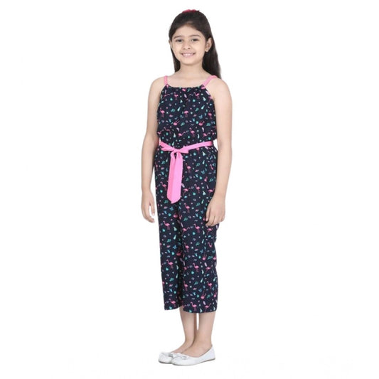 Generic Girl's Rayon Flamingo Print Sleeveless Jumpsuit (Black-Pink)