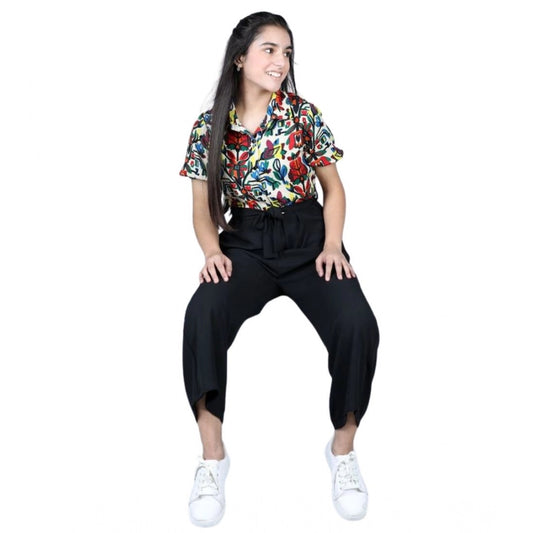 Generic Girl's Polyester Printed Short Sleeves Jumpsuit (Multicolor-Black)