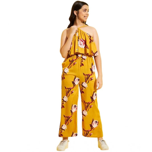 Generic Girl's Polyester Crepe Floral Sleeveless Jumpsuit (Mustard)