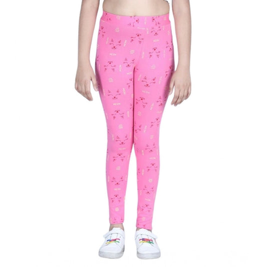 Generic Girl's Cotton Lycra Printed Elasticated Leggings (Pink)