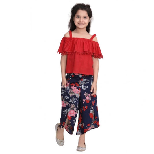 Generic Girl's Rayon Crepe Printed Cold Shoulder Top and Pants Set (Red-Navy)