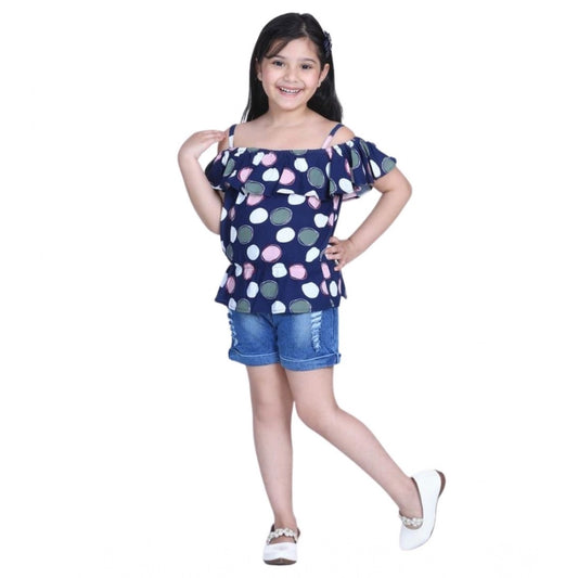 Generic Girl's Rayon Solid Cold Shoulder Top with Shorts (Navy Blue)