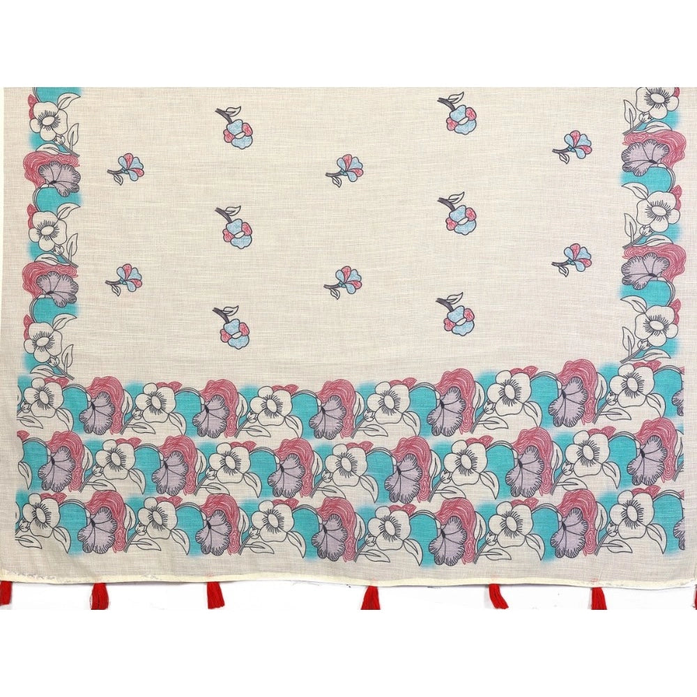 Generic Women's Linen Cotton Printed Saree With Unstitched Blouse 5.5Mtr (Off White)
