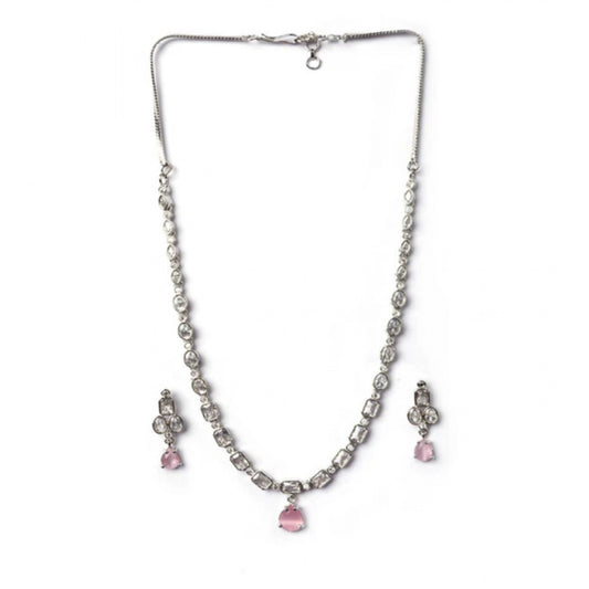 Generic Women's Brass Silver Plated Necklace set (Pink)