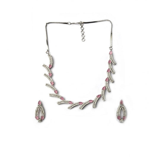 Generic Women's Brass Silver Plated Necklace set (Pink)