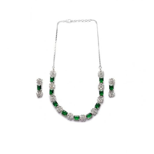 Generic Women's Brass Silver Plated Necklace set (Green)