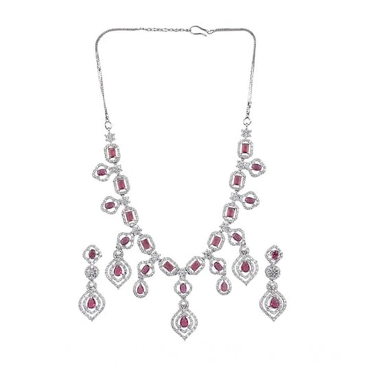 Generic Women's Brass Silver Plated Necklace set (Red)