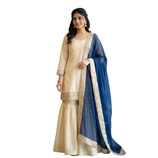 Generic Women's Silk Embroidered 3/4th Sleeve V-Neck Kurti With Sharara Pant and Dupatta Set (Cream & Blue)