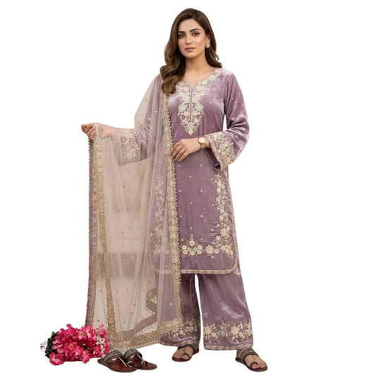 Generic Women's Silk Embroidered 3/4th Sleeve Round Kurti With Palazzo Pant and Dupatta Set (Lavender)