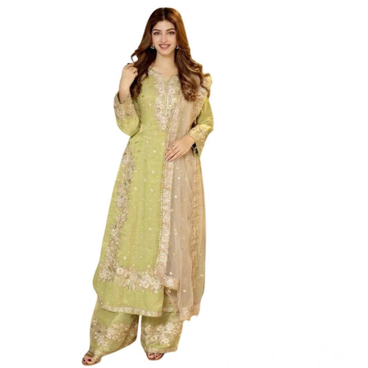Generic Women's Silk Embroidered 3/4th Sleeve Round Readymade Kurti With Palazzo Pant and Dupatta Set (Pista)
