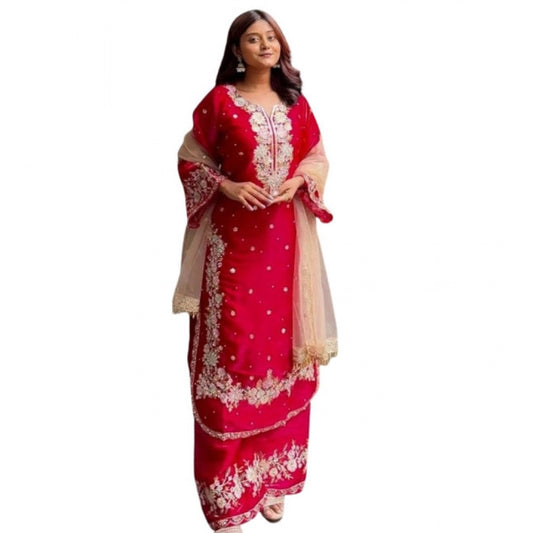 Generic Women's Silk Embroidered 3/4th Sleeve Round Readymade Kurti With Palazzo Pant and Dupatta Set (Red)