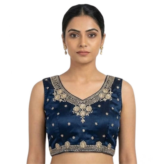 Generic Women's Silk Embroidered V-Neck Sleeveless Readymade Padded Blouse (Blue, Size 38)