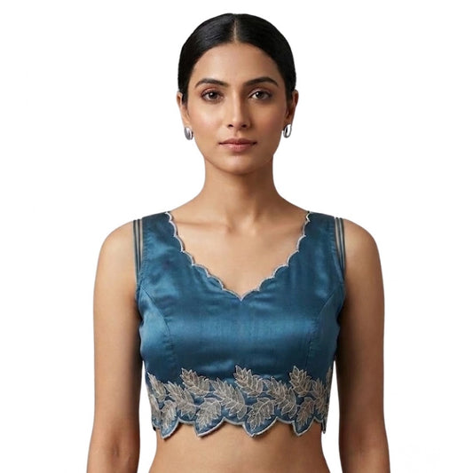 Generic Women's Silk Embroidered Sweetheart Neck Sleeveless Readymade Padded Blouse (Blue, Size 38)