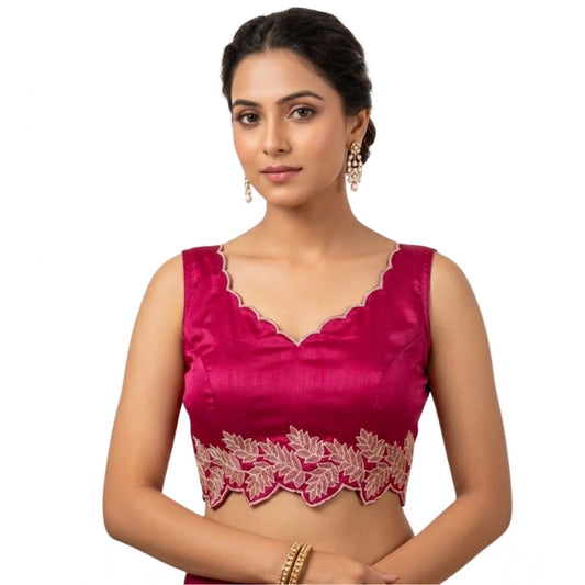 Generic Women's Silk Embroidered Sweetheart Neck Sleeveless Readymade Padded Blouse (Pink, Size 38)