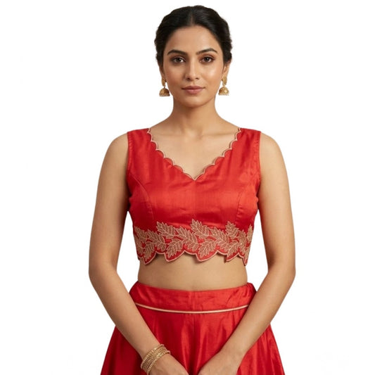 Generic Women's Silk Embroidered Sweetheart Neck Sleeveless Readymade Padded Blouse (Red, Size 38)