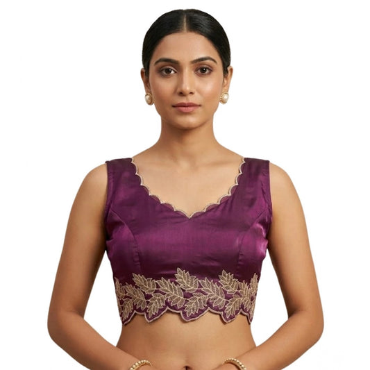 Generic Women's Silk Embroidered Sweetheart Neck Sleeveless Readymade Padded Blouse (Wine, Size 38)