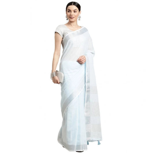 Generic Women's Linen Cotton Striped Saree With Unstitched Blouse 5.5Mtr (Sky Blue)