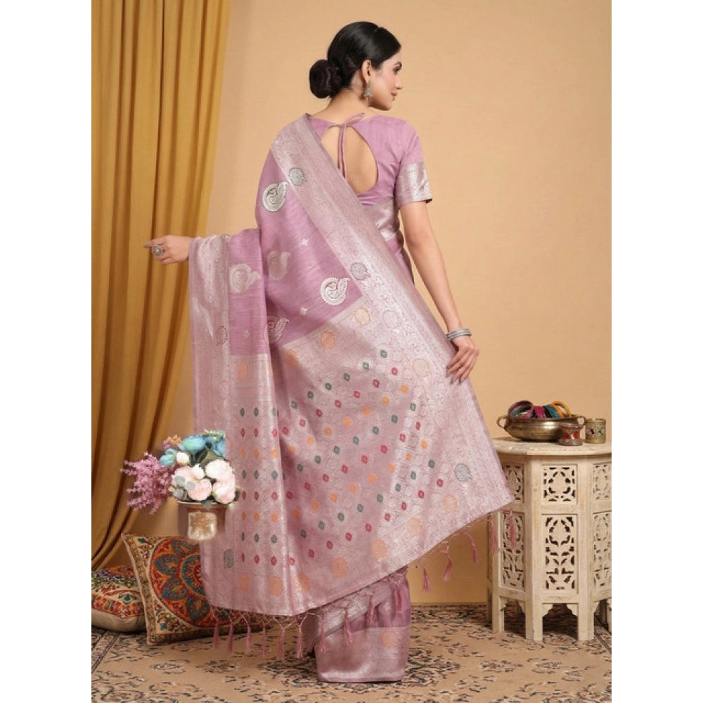 Generic Women's Linen Cotton Printed Saree With Unstitched Blouse 5.5Mtr (Purple)